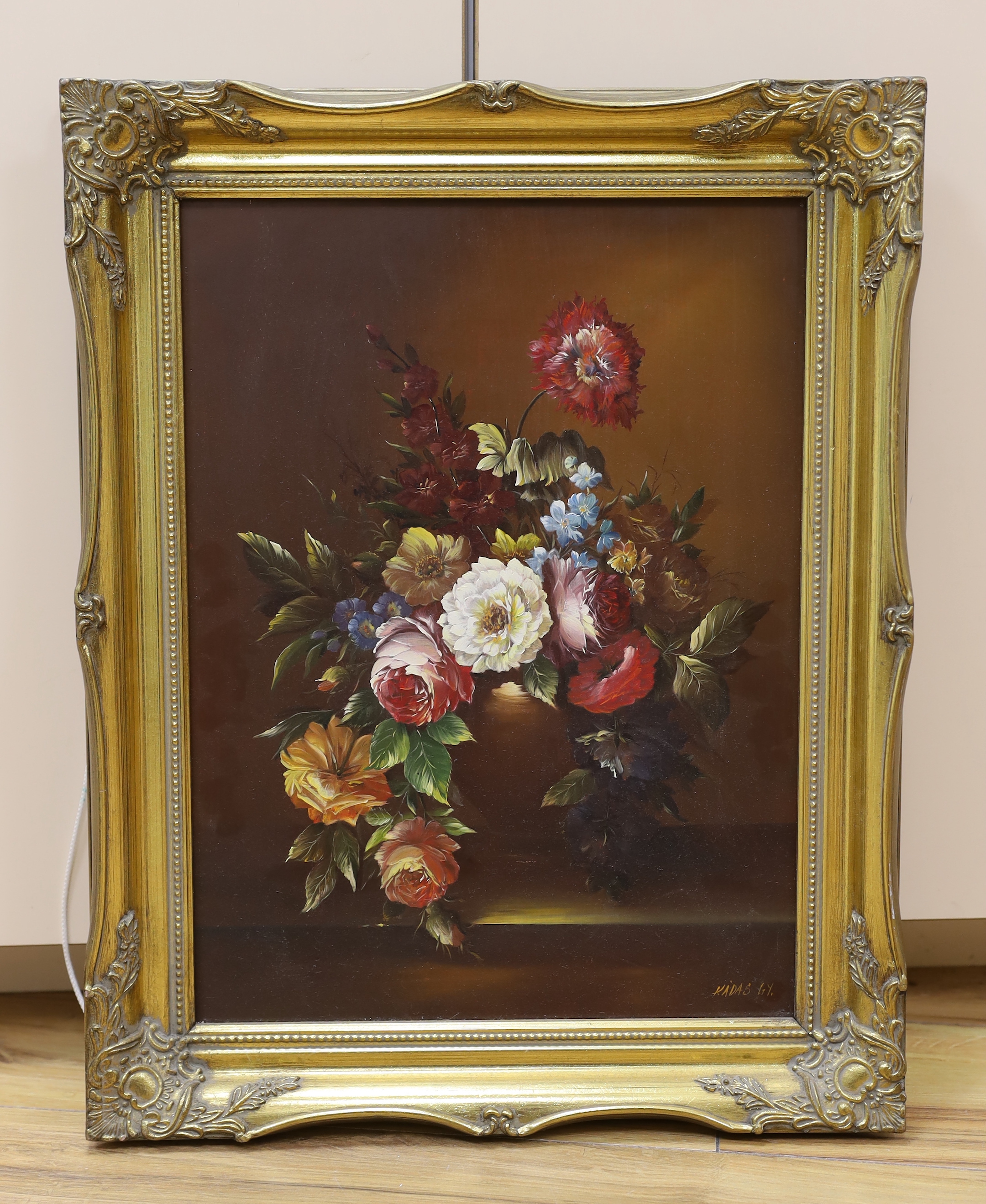Kadas, oil on board, Still life of flowers in a vase, signed and dated '67, 39 x 29cm, gilt frame